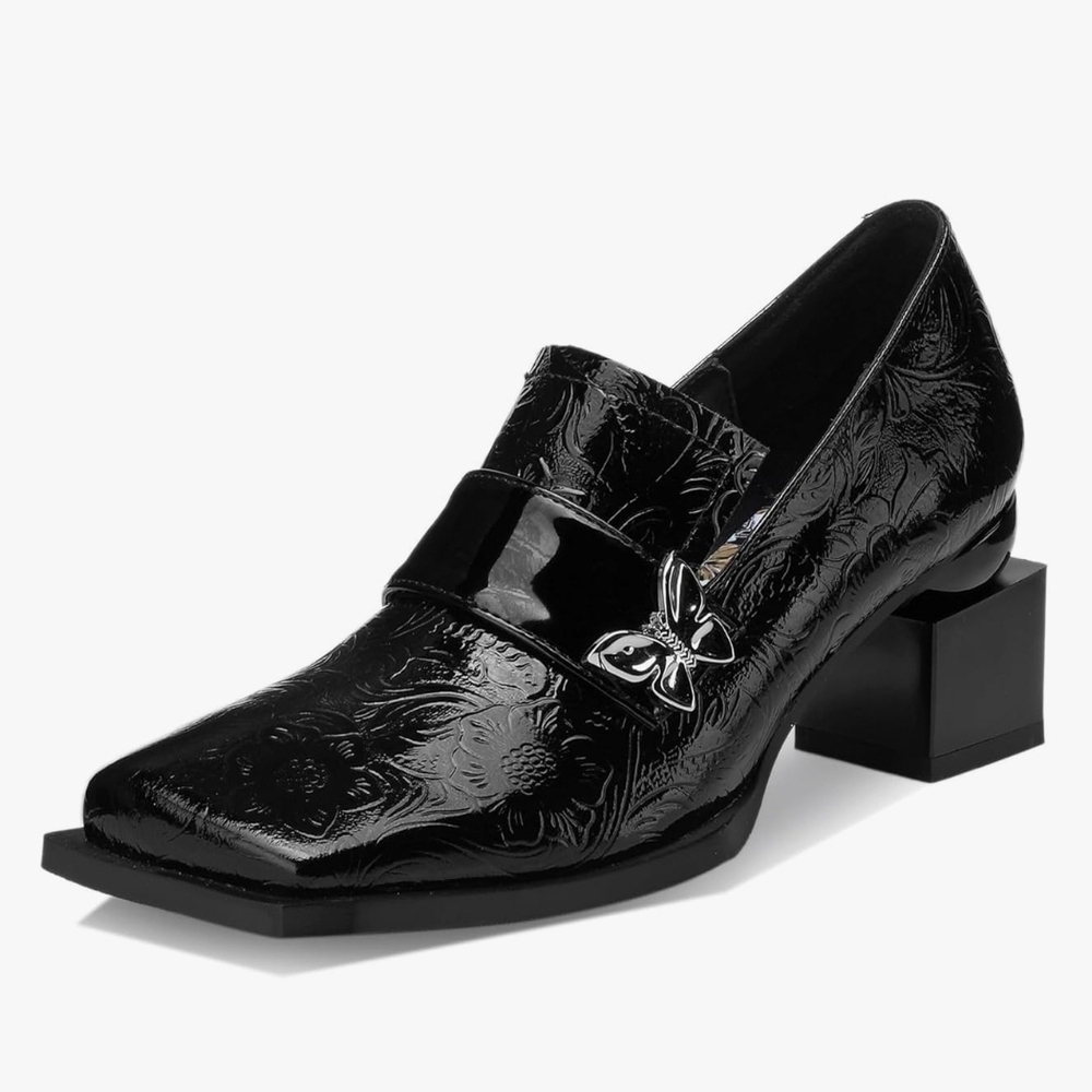 📣Unique Silver 🦋 Floral Embossed Black🖤 Patent Leather Loafer Block Size 7